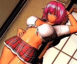 1girls 3d blush breasts dark-skinned_female gyaru hand_on_stomach large_breasts leaning looking_at_viewer magenta_eyes magenta_hair midriff mipoz nail_polish one_arm_above_head open_mouth original original_character pink_eyes pink_hair pink_nails plaid_skirt school_uniform seductive short_hair skirt tan_skin thick_thighs thighs tied_shirt wide_hips