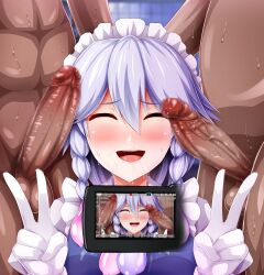 1girls 2boys after_fellatio bathroom bimbo blue_eyes blush camera censored clothed_female_nude_male condom cum dark-skinned_male dark_skin embarrassed face_focus female female_focus grey_hair huge_penis light-skinned_female light_skin maid maid_headdress maid_uniform male monaka_(gatinemiku) mosaic_censoring multiple_penises peace_sign penis recording sakuya_izayoi smile touhou twin_braids unseen_male_face