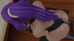 1girls 3d animated ass ass_focus ass_shake bare_shoulders bleach dark_skin from_above from_behind huge_ass jiggle kishi leotard long_hair ponytail purple_hair shihouin_yoruichi shiny shiny_skin solo thick_thighs thighhighs thong_leotard twerking video webm