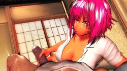 1boy 1girls 3d animated breasts dark-skinned_female foreskin gyaru handjob head_tilt large_breasts looking_at_penis looking_at_viewer magenta_eyes magenta_hair mipoz nail_polish open_mouth original original_character pink_eyes pink_hair pink_nails pov school_uniform seductive short_hair smegma smile tan_skin tied_shirt ugly_bastard video