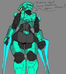 armor big_ass bodysuit child_bearing_hips curvaceous curvy_female curvy_figure dare_to_exist dialogue english english_dialogue english_text female_soldier female_spartan_(halo) halo_(game) halo_(series) huge_ass low-angle_view soldier spartan_(halo) sword thick_thighs unsc