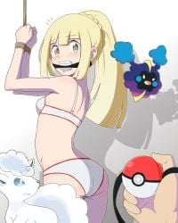 alolan_vulpix ball_gag blonde_hair bondage bound_wrists cleave_gag cosmog female gag gagged green_eyes holding_gag lillie_(pokemon) looking_at_viewer nebby_(pokemon) poke_ball_gag pokemon pokemon_(species) pokemon_sm stuffed_mouth_gag symbol-shaped_pupils tiedtiki vulpix