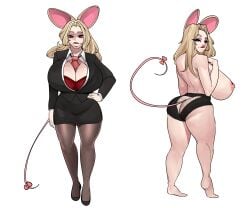 1girls areolae back_view big_breasts blonde_hair business_woman button_down_shirt female female_focus female_only hand_on_hip lingerie long_hair looking_back mnemo_(paterfamilia) mouse_ears mouse_girl mouse_tail necktie necktie_between_breasts nipples noodledoodles paterfamilia_oc shortstack solo solo_female solo_focus suit