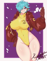 1girls big_breasts blue_hair breasts cabbagebinn eye_contact female female_only hair_over_one_eye headphones jacket light-skinned_female light_skin looking_at_viewer one_piece pale-skinned_female short_hair solo solo_female standing swimsuit vegapunk_lilith wide_hips yellow_outfit