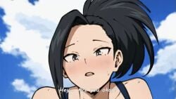 animated areolae big_breasts black_eyes black_hair blush breasts breasts_out english_text female hair_over_one_eye huge_breasts inverted_nipples large_breasts long_hair looking_at_viewer looking_down momo_yaoyorozu moochi_lan my_hero_academia nipples one-piece_swimsuit open_mouth outdoors outstretched_arm outstretched_hand ponytail pov school_swimsuit shounen_jump sky solo sweat swimsuit thick_thighs thighs