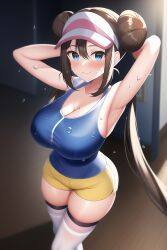 1girls ai_generated armpit_fetish armpits arms_behind_head arms_up blue_eyes blush booty_shorts breasts brown_hair female female_only game_freak hat hips large_breasts light-skinned_female light_skin long_hair looking_at_viewer nai_diffusion nintendo pokemon pokemon_bw2 rosa_(pokemon) short_shorts shorts slim_waist smile sport_shorts sportswear stable_diffusion sweat sweaty_body tank_top thick_thighs thighs twin_buns twintails voluptuous wide_hips