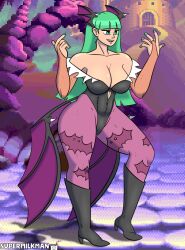 alternate_version_available bangs big_breasts busty capcom cleavage clothing darkstalkers demon_girl demon_wings fanart female female_only green_eyes green_hair large_breasts leotard morrigan_aensland no_sex redraw self_upload solo succubus succubus_costume supermilkman thick_ass voluptuous voluptuous_female