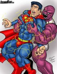 2boys clark_kent dc dc_comics helpless icemanblue male male_only muscular muscular_male parasite_(dc) pecs purple_body skin_tight_suit superman superman_(series) uncensored yaoi