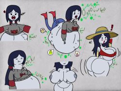 1girls adventure_time ass ass_expansion ass_growth belly big_ass big_belly big_breasts black_skin breast_expansion breast_growth breasts bubble_butt burp burping digestion female grey_hair large_breasts marceline nipples pebbleroni post_vore same_size_vore sequence vore weight_gain