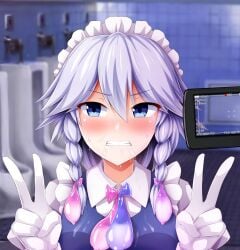 after_fellatio angry bathroom blue_eyes blush braid camera condom cum embarrassed female grey_hair maid maid_headdress maid_uniform monaka_(gatinemiku) peace_sign recording sakuya_izayoi touhou twin_braids white_hair