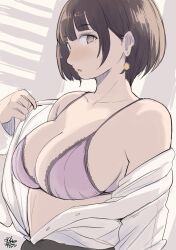 1girls 2022 artist_signature bra brown_eyes brown_hair cleavage deep_cleavage earrings hadashi_no_kenji japanese_text large_breasts office_lady original original_character shirt_open short_hair side_eye sideboob