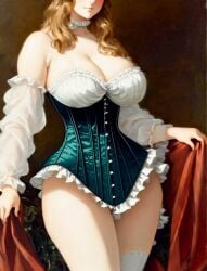 ai_generated bare_thighs breast breasts brown_hair choker classical cleavage corset disrobing hourglass_figure human human_female large_breasts lips long_hair long_hair_female no_face non_nude nonude original pharaoh_ptolemy sleeves sole_female solo_female solo_focus stable_diffusion victorian