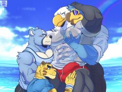 2022 4boys abs accipitrid accipitriform animal_crossing anthro anthro_on_anthro apollo_(animal_crossing) avian bald_eagle band-aid bandage beak biceps big_bulge big_muscles bird blush bodily_fluids bottomwear bulge clothed clothing cloud columbid curt_(animal_crossing) day dodo eagle erection erection_under_clothing eyebrows eyewear feathers felid frown fur gay group hand_on_chest hi_res hotpants huge_muscles male male/male male_only mammal muscular muscular_anthro muscular_male navel navel_outline nintendo nipple_outline nipples non-mammal_nipples obliques outside pantherine pants pec_grasp pec_squeeze pec_squish pecs quads reach_around sea_eagle shirt shorts sky smile squish standing sunglasses sweat sweatdrop tank_top tiger tight_clothing topwear translucent translucent_clothing translucent_shirt translucent_topwear tuft tybalt_(animal_crossing) ursid video_games vier_punksterne water watermark wet wet_clothing wet_shirt wet_topwear wilbur_(animal_crossing) wristband