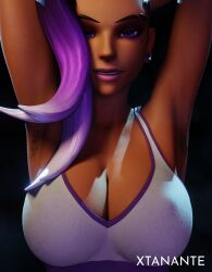 1girls 3d armpit_hair armpits arms_behind_head big_breasts blender_(software) cleavage dark-skinned_female earrings latina overwatch purple_hair solo sombra suggestive xtanante