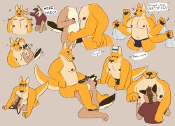 anthro blush bulge canid canine canis clothing duo grocery_bags hi_res invalid_tag kangaroo kneeling macropod male male/male mammal marsupial multi_arm multi_eye multi_limb mykaldraws nuzzling shirt sitting standing t-shirt text thick_tail thong_underwear topwear wolf