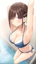 1girls bikini brown_hair cleavage large_breasts looking_at_viewer one_eye_closed pool ramchi sitting smile solo