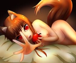 1girls absurdres animal_ears apple arm_up artist_name bed_sheet breasts brown_background brown_hair fangs female food fruit hand_up highres holo long_hair looking_at_viewer lying medium_breasts nipples nude on_side open_mouth outstretched_arm red_eyes rilex_lenov simple_background smile solo spice_and_wolf tail teeth text_focus watermark