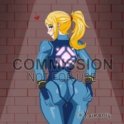 ass_focus big_ass big_butt blonde_hair blue_eyes bodysuit cameltoe fanart huge_ass kaimaruz latex_suit metroid nintendo samus_aran signature soft_nsfw variable watermark zero_suit_samus