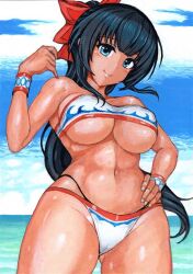 1girls alternate_breast_size alternate_hairstyle bandeau_bikini beach big_breasts bikini black_hair blue_eyes breasts busty cleavage female female_only hair_ribbon hand_on_hip highres large_breasts legs long_hair looking_at_viewer nakoruru navel ocean ponytail pose posing ribbon samurai_shodown sensual smile snk swimsuit thick_thighs thighs thong_bikini toned traditional_media underboob voluptuous water