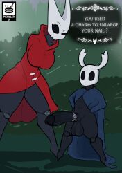 accessory anthro arthropod balls big_balls big_breasts big_penis breasts cape cloak cock_ring english_text female gameplay_mechanics genitals hi_res hollow_knight hornet_(hollow_knight) jewelry larger_female male penis penis_accessory penis_jewelry piekiller piekiller5 protagonist_(hollow_knight) red_cape short_stack shortstack sibling size_difference small_but_hung smaller_male team_cherry text thick_thighs vessel_(species) video_games