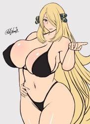 1girls alternate_breast_size big_breasts bikini black_bikini blonde_female blonde_hair blonde_hair breasts breasts busty curvaceous curvy curvy_body curvy_female curvy_figure cynthia_(pokemon) female female_focus game_freak huge_breasts large_breasts nintendo pokemon skyloveit thick_thighs thighs voluptuous