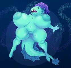 animal_humanoid anthro areola big_breasts blue_areola blue_body blue_nipples breasts closed_eyes colored daniela_paguro disney female genitals hair hi_res huge_breasts huge_thighs humanoid luca_(pixar_film) marine marine_humanoid merfolk nipples non-mammal_breasts nude open_mouth purple_hair pussy sbshouseofpancakes sea_monster solo split_form thick_thighs