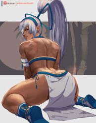 1girls ass big_ass blue_eyes dark-skinned_female dat_ass female female_only hair_ribbon huge_ass kasaix3 kneeling long_hair looking_at_viewer looking_back majikina_mina muscular muscular_female ponytail ribbon samurai_shodown sarong snk solo thong very_long_hair