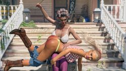 2girls 3d bandana blonde_female cowgirl curlers daisy_dukes hair_curlers hillbilly looking_at_viewer mother_and_daughter over_the_knee_spanking ponytail porch punishment shorts_down shorts_pull smoking spanking syflurm_(artist) wooden_spoon yellow_thong