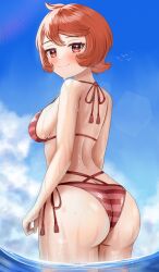 1girls arezu_(pokemon) ass ass_cleavage bare_shoulders big_ass big_breasts bikini bird blue_sky blush breasts bubble_butt busty butt_crack closed_mouth cloud creatures_(company) curvy dat_ass day dokimaru female female_only from_behind game_freak halterneck highres huge_ass large_breasts looking_at_viewer looking_back nintendo outdoors pokemon pokemon_(game) pokemon_legends:_arceus red_bikini red_eyes red_hair shiny shiny_hair shiny_skin short_hair side-tie_bikini_bottom sideboob sky smile solo strap_gap striped striped_bikini swimsuit thighs thong_bikini wading water wet wide_hips