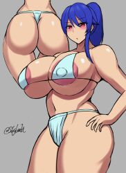 1girls big_breasts bikini blue_hair breasts breasts busty curvaceous curvy curvy_body curvy_female curvy_figure female female_focus huge_breasts large_breasts original original_character ponytail red_eyes skyloveit thick_thighs thighs voluptuous