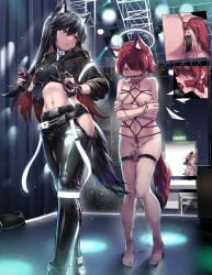 4girls ambience_synesthesia anal_insertion anal_tail animal_collar animal_ears arknights ball_gag barefoot bitch_taken_for_walk black_jacket black_pants black_shirt blush bondage breasts censored cock_gag collar colored_inner_hair croissant_(arknights) deepthroat_gag dildo_gag energy_wings exhibitionism exusiai_(arknights) fake_tail female femdom femsub gag groin hair_between_eyes hair_over_one_eye halo highres hip_vent jacket kataokasan leash linked_clitoris linked_nipples linked_pussy long_hair looking_at_viewer looking_back maebari medium_breasts midriff mosaic_censoring multicolored_hair multiple_girls navel nipple_clamps nipples nipples_to_clitoris nipples_to_pussy nude one_eye_covered open_clothes open_jacket orange_eyes pants parted_lips pink_collar public_indecency pussy_juice pussy_juice_drip red_hair remote_control_vibrator sex_toy shirt short_hair sora_(arknights) stage stomach tail texas_(arknights) thigh_strap vibrator wolf_ears wolf_girl wolf_tail x-ray.