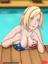 1girls american_flag_bikini artist_name big_breasts bikini blonde_hair breasts busty cleavage female female_only flag_print green_eyes highres large_breasts looking_at_viewer open_mouth original pool short_hair smile swimsuit