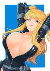 1girls armpits arms_behind_head big_breasts blonde_hair blue_eyes bodysuit braided_bun breasts busty cleavage female female_only hair_bun hi_res large_breasts long_hair looking_at_viewer nancy_lee ninja_slayer no_bra open_bodysuit pose smile solo