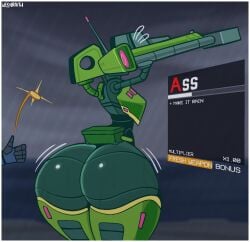 1girls 2022 antenna ass ass_focus big_ass bubble_butt coin fat_ass female_only gameplay_mechanics gun huge_ass jiggle looking_back monster_girl motion_lines object_head pink_eyes rain raining robot sentry_(ultrakill) suprised thin_waist turret twitter_link ultrakill user_interface v1_(ultrakill) water weapon welwraith