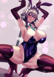 armpits big_breasts blush breasts bunnysuit crouching maid_headdress pole pole_dancing sakuya_izayoi sinkai squatting tagme touhou