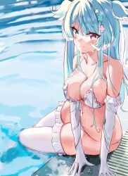 1girls amechi_(artist) bare_shoulders belly_button big_breasts bikini blue_hair cleavage dragon_girl elira_pendora exposed_shoulders frilled_bikini frilled_legwear hair_wings hairclip head_wings heterochromia legwear light-skinned_female light_skin long_gloves looking_at_viewer looking_to_the_side navel nijisanji nijisanji_en pool poolside sitting solo solo_female solo_focus stockings thighhighs virtual_youtuber wet wet_body wet_skin x_hair_ornament