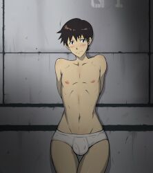 1boy blush bulge bulge_through_clothing cock_bulge erect_nipples erection_under_clothes hands_behind_back neon_genesis_evangelion presenting presenting_crotch shinji_ikari soil_(artist) solo solo_male standing underwear underwear_only white_underwear wide_hips