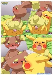 animal bbmbbf blush buneary comic cowgirl_position cum double_hit_(comic) female furry furry_only kissing male nintendo palcomix pikachu pokémon_(species) pokemon pokepornlive sex testicles