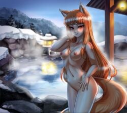 1girls animal_ears bangs blunt_bangs blush breasts brown_hair closed_mouth collarbone come_hither completely_nude female holo long_hair looking_at_viewer naughty_face navel necklace night nipples onsen outdoors racoonkun red_eyes seductive_smile smile solo spice_and_wolf tail wet