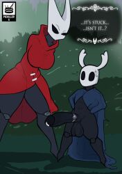 accessory anthro arthropod balls big_balls big_breasts big_penis breasts cape cloak cock_ring female gameplay_mechanics genitals hi_res hollow_knight hornet_(hollow_knight) jewelry larger_female male penis penis_accessory penis_jewelry piekiller piekiller5 protagonist_(hollow_knight) red_cape short_stack shortstack sibling size_difference small_but_hung smaller_male team_cherry text thick_thighs vessel_(species) video_games