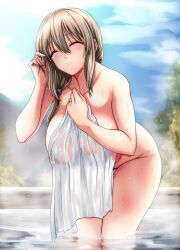 1girls bent_over big_breasts blush closed_eyes completely_nude female female_only grey_hair holding_object holding_towel hot_spring huge_breasts large_breasts legs_together mature mature_female mature_woman milf nakadashi naked nipples nude onsen osuzu_akiomi partially_submerged ponytail see-through see-through_towel side_ponytail smile solo solo_focus standing tied_hair towel_only uzaki-chan_wa_asobitai! uzaki_tsuki voluptuous water wet wet_body wet_skin wet_towel