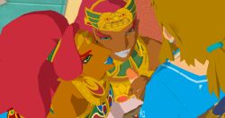 1boy 2girls 3d 3d_(artwork) blue_lipstick breath_of_the_wild buliara dark-skinned_female dark_skin female gerudo handjob indoors larger_female light-skinned_male link link_(breath_of_the_wild) lipstick male nintendo smaller_male the_legend_of_zelda unseen_male_face urbosa white_lipstick xnalara yesimtaco