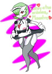 breasts español female female_gardevoir female_only gardevoir green_hair maid nipples_visible_through_clothing panties pokémon_(species) pokemon pokemon_(species) red_eyes spanish_text text