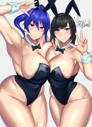 2girls big_breasts black_hair blue_eyes blue_hair breasts bunny_ears bunny_girl bunnysuit busty cleavage curvaceous curvy curvy_body curvy_female curvy_figure female female_focus huge_breasts large_breasts multiple_girls original original_characters peace_sign red_eyes skyloveit voluptuous