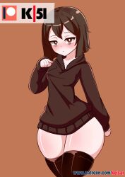 1girls 2022 black_hair blush brown_eyes eye_bags hoodie keisar_(artist) nitta_(keisar) no_pants original patreon_username short_hair skindentation small_breasts standing tagme thick_thighs thighhighs thighs wide_hips