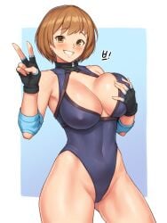 1girls armpits big_breasts blush breast_grab breasts brown_eyes brown_hair busty cameltoe character_request cleavage covered_erect_nipples female female_only fingerless_gloves gloves grabbing grin highres large_breasts legs leotard looking_at_viewer nestkeeper smile solo thighs v