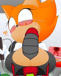 1boy 1girls 2d 2d_(artwork) black_shirt breasts breasts_on_penis cleavage e-123_omega edit edited huge_breasts labcoat large_breasts large_penis original original_character paizuri penis robot sega shirt slickehedge sonic_(series) sonic_the_hedgehog_(series) surprise surprised titjob