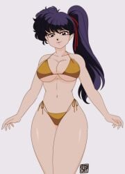 1girls artist_name big_breasts bikini blue_hair breasts busty cleavage female female_only hi_res kodachi_kuno large_breasts lipstick long_hair looking_at_viewer makeup navel pink_lipstick purple_eyes ranma_1/2 side_ponytail smile solo swimsuit thong_bikini voluptuous yellow_bikini