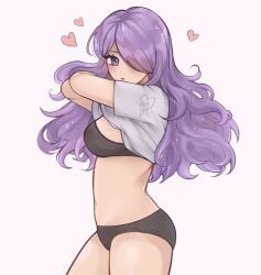 1girls big_breasts black_bra black_panties bra breasts busty camilla_(fire_emblem) clothes_lift female female_only fire_emblem fire_emblem_fates from_side hair_over_one_eye heart highres large_breasts legs long_hair looking_at_viewer navel nintendo panties purple_eyes purple_hair purrlucii shirt_lift sideboob solo thighs underwear undressing