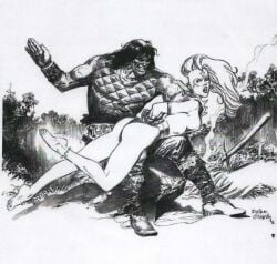 1boy1girl conan conan_the_barbarian_(series) greyscale maledom over_the_knee_spanking spanking